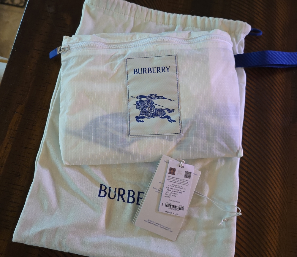 Burberry White and Blue Packable Recycled Drawstring Tote